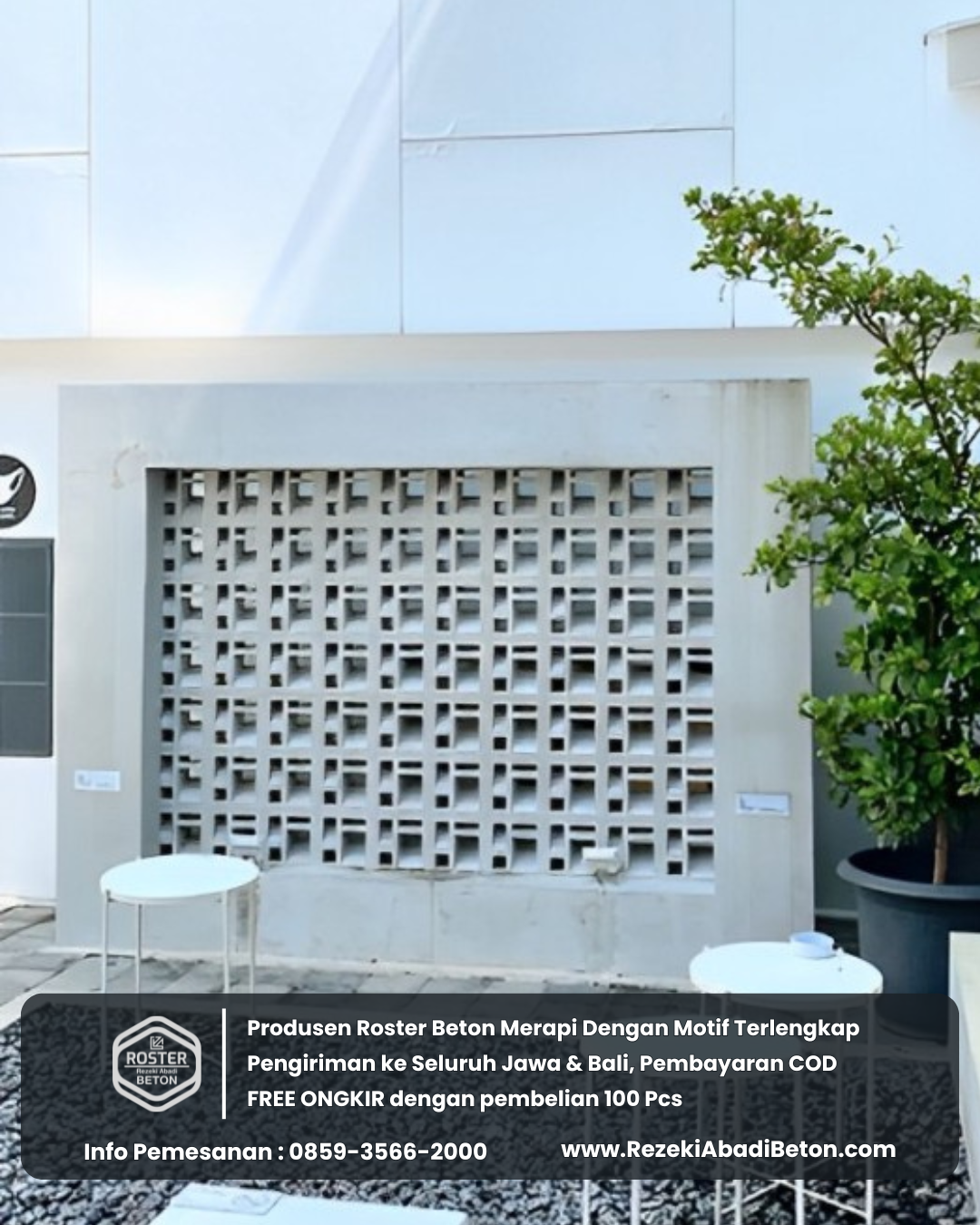 Fasad kafe modern di Surakarta menggunakan roster beton 3D motif geometri