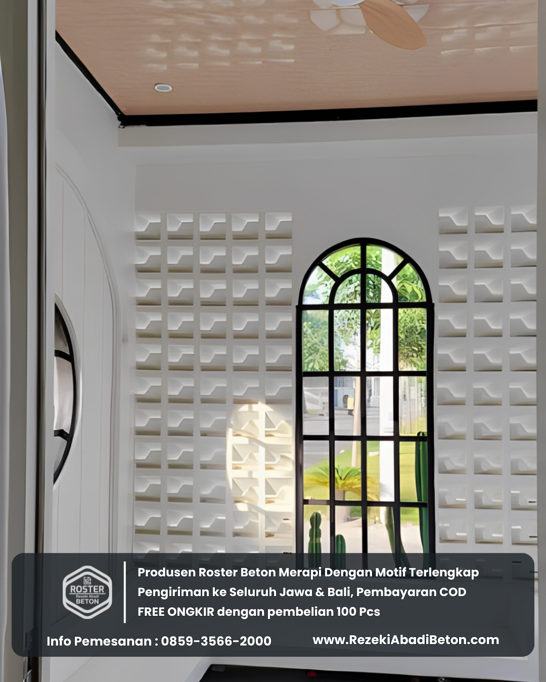 Interior rumah yang terang dan sejuk berkat dinding roster beton di Salatiga