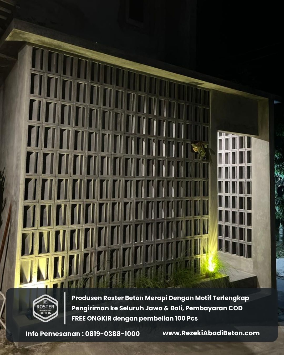 Roster beton menciptakan koneksi visual antara ruang dalam dan luar.