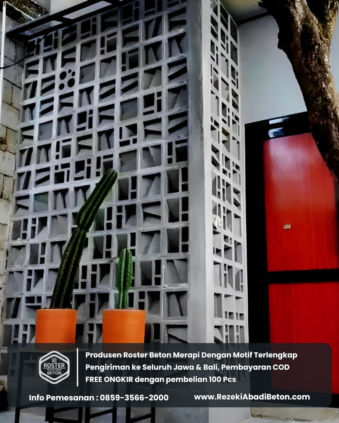 Aplikasi roster beton 3D motif piramida pada fasad modern di Banyumas.