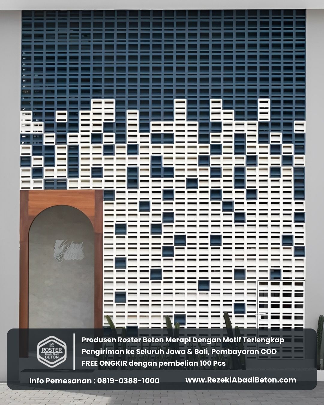 Fasad bangunan yang menjadi pusat perhatian berkat penggunaan roster beton.