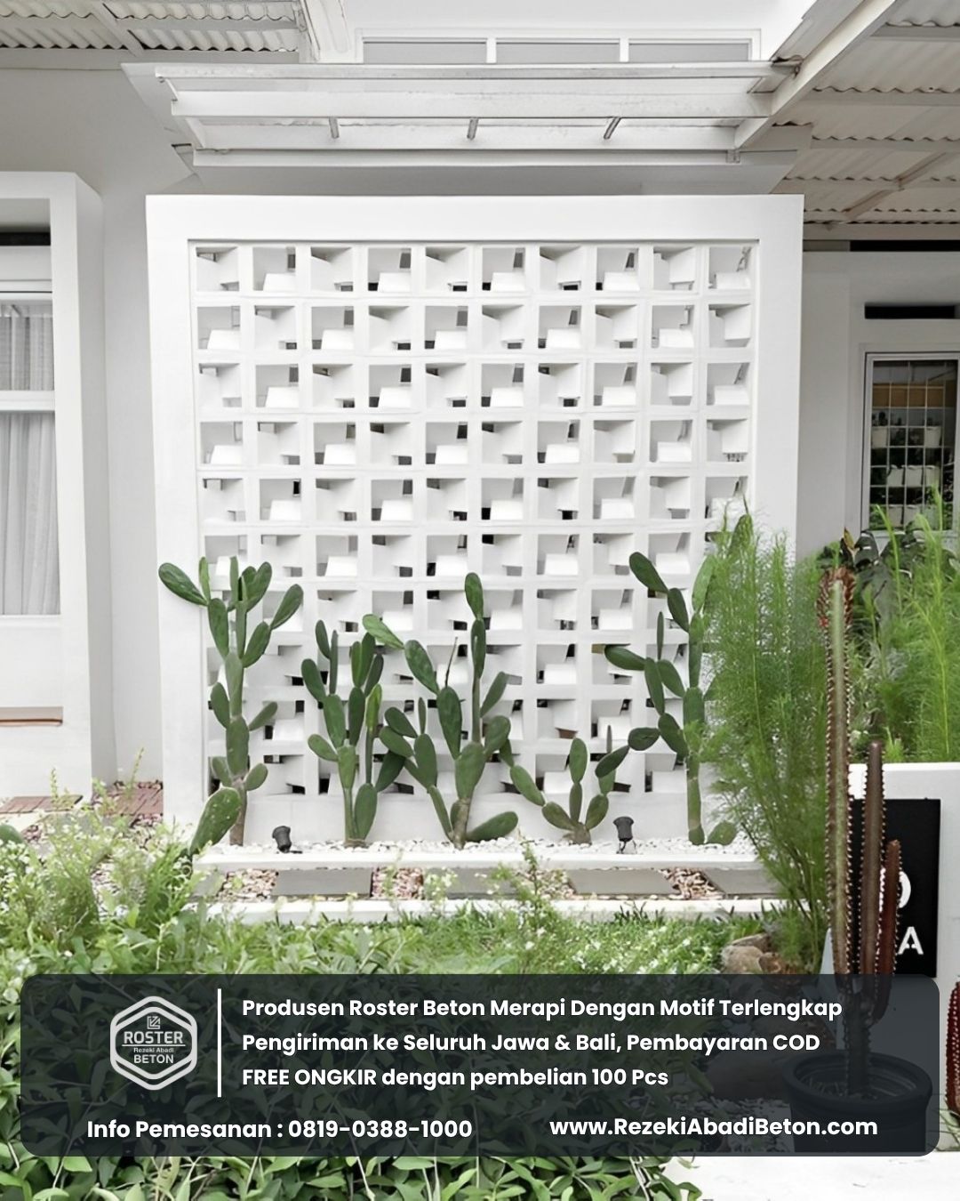 Keanggunan roster beton motif floral yang cocok untuk villa atau hunian asri di Sleman