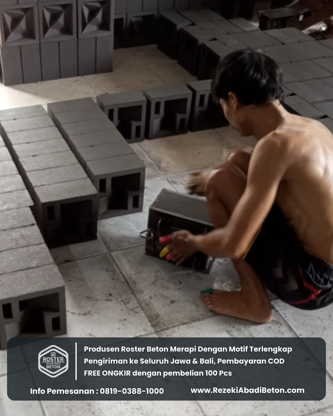 Proses produksi roster beton di pabrik RezekiAbadiBeton.com dengan quality control yang ketat
