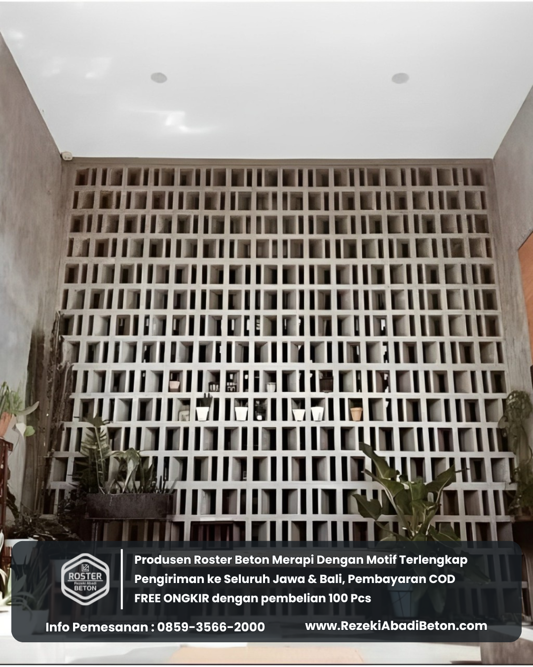 Partisi interior villa di Banjarnegara menggunakan roster beton 2 sisi yang estetik