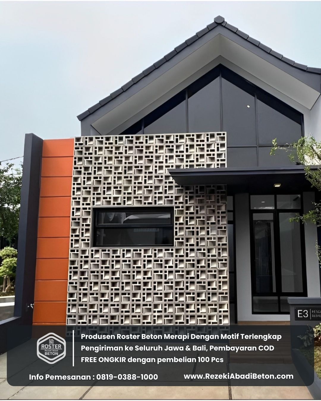 Fasad rumah modern di Kebumen menggunakan roster beton yang meningkatkan nilai properti