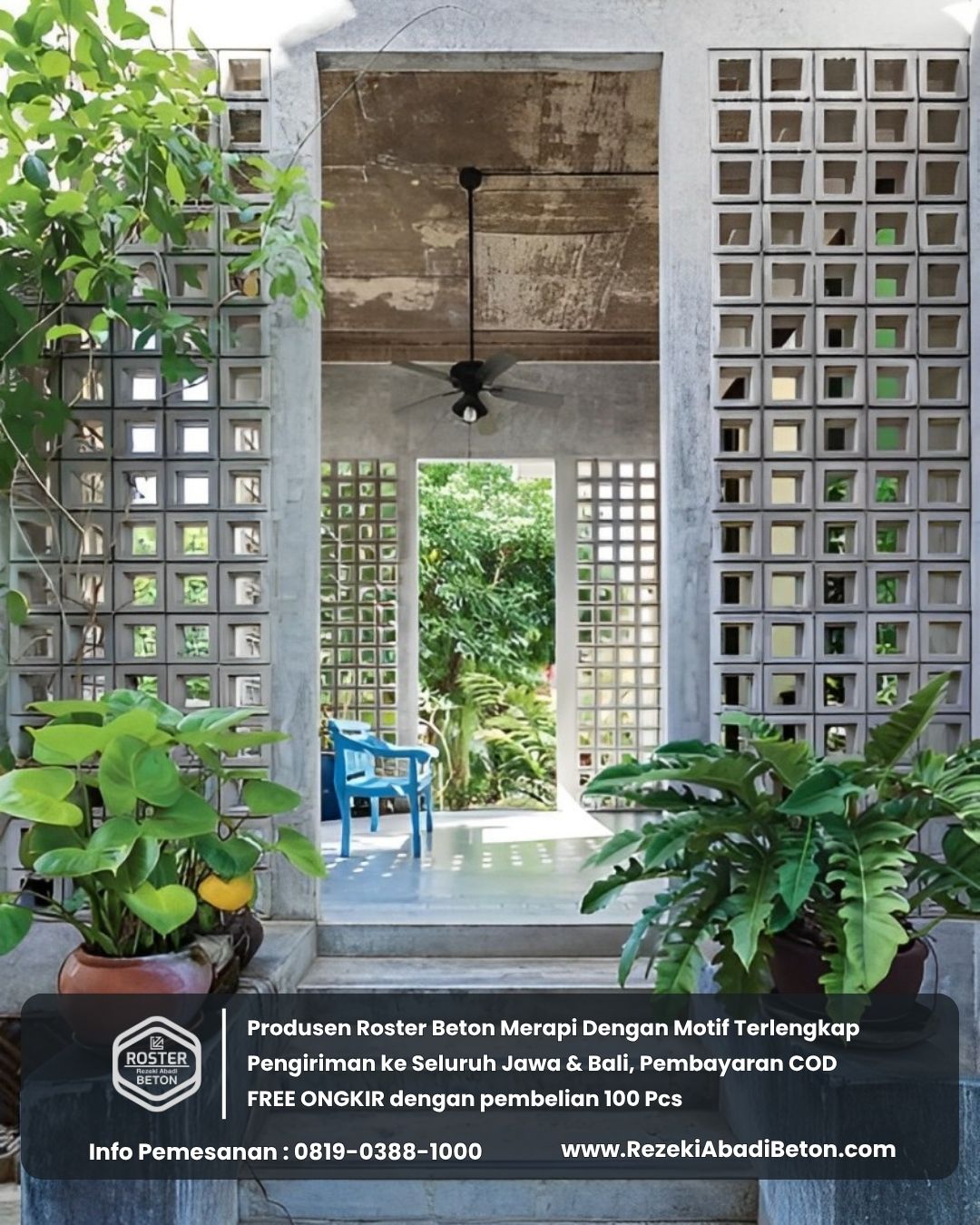 Roster beton motif geometri seperti dadu dan diagonal untuk rumah minimalis di Kudus