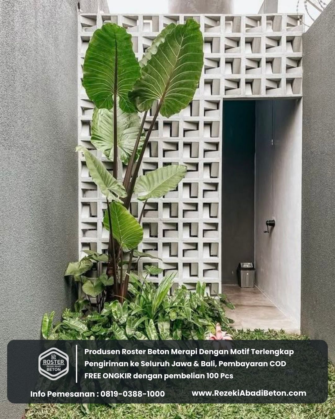 Roster beton motif bunga yang menyatu dengan taman atau pemandangan alam.